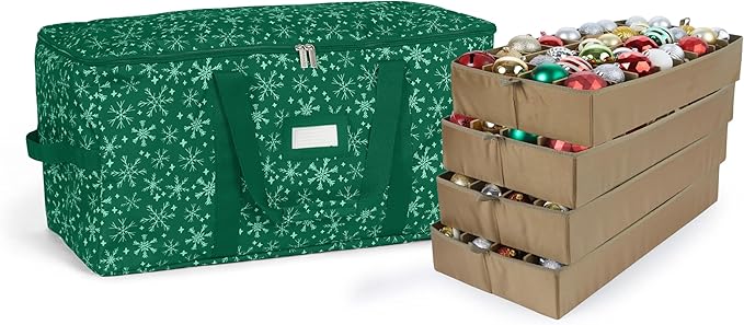 Covermates Keepsakes Adjustable Ornament Storage Bag – Heavy-Duty Polyester, Padded Dividers & FlexGrid Trays – Protective Holiday Ornament Organizer with Handles & Label Window, Green Snowflake