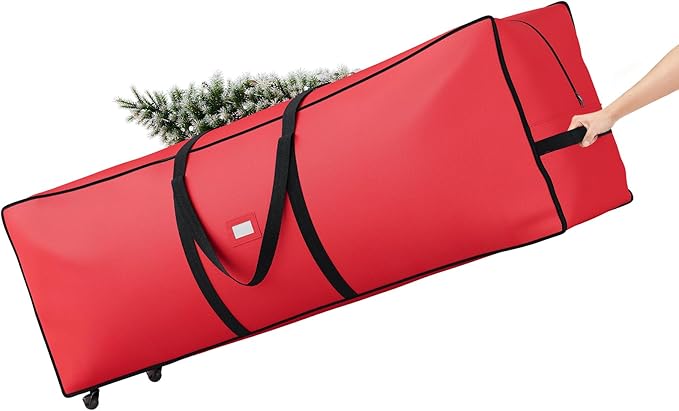 ELYKEN Christmas Tree Storage Bag with Wheels, Rolling Storage Bag for Artificial Christmas Tree and Decorations, Heavy Duty 600D Oxford Fabric, Length-Adjustable Handles, 16x20x64in, Red