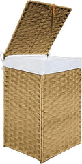 Woven Laundry Hamper with Lid,24Gal (90 L) Rattan Wicker Laundry Basket 2 Sections with Lid, Removable Machine Washable Line, Large Clothes Hamper with Handles for Bathroom Bedroom, Yellow