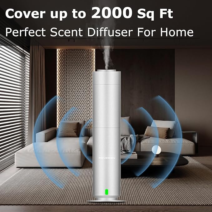 Waterless Scent Diffuser Kit, Includes 5 Premium Oils, 2000 Sq.Ft Coverage, Hotel Collection Scent Diffuser for Home, Studio, Essential Oil Diffuser Large Room, Remote & APP Control - Silver