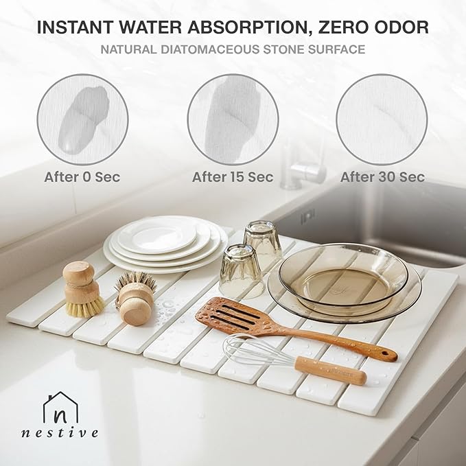 Large Stone Dish Drying Mat for Kitchen Counter, 24"x16", Fast Drying Collapsible, Diatomaceous Earth Mat, Super Absorbent Folding Mat for Dishes, Bottles, Glass, Heat-Resistant, Non-Slip (White)