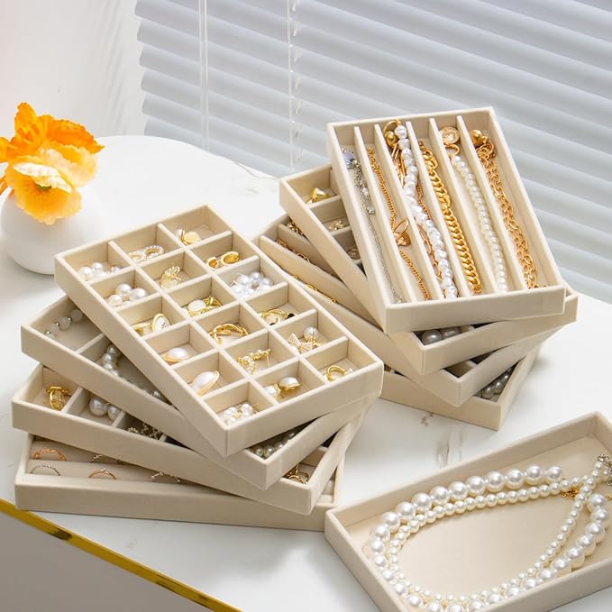 SPAKOWN Jewelry Drawer Organizer Inserts Set of 9, Jewelry Trays for Drawers Velvet Jewelry Organizer Tray Drawer Jewelry Organizers and Storage for Earring Ring Necklace Watch Bracelet (Beige)