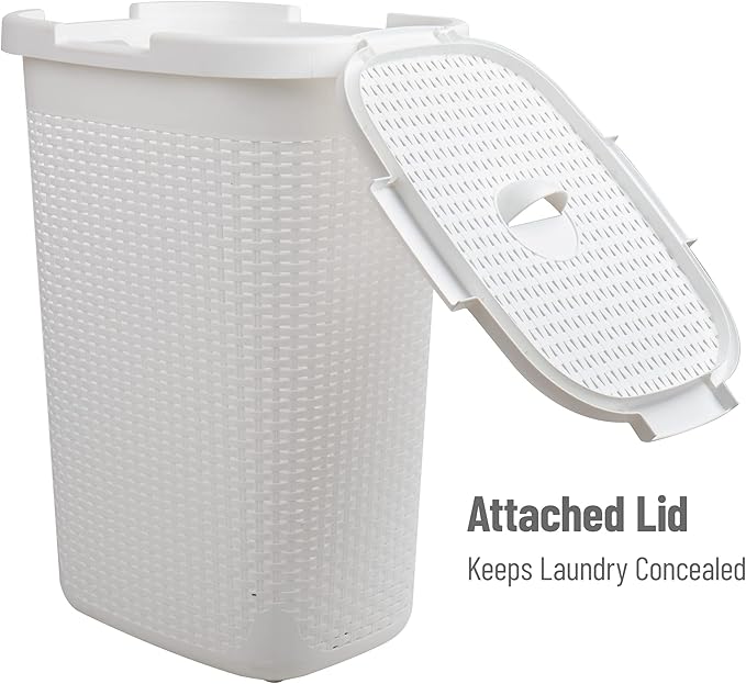 Mind Reader Slim Laundry Hamper with Lid, 60L Clothes Basket, Premium Wicker Design, Plastic, White