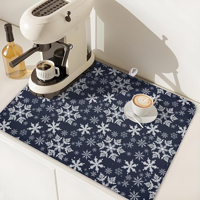 Christmas Dish Drying Mat for Kitchen Counter 24x18 Inch Xmas Snowflake Drying Mat with Absorbent Reversible Microfiber Blue Dish Drainer Mats Rack Pad for Coffee Countertop Protector