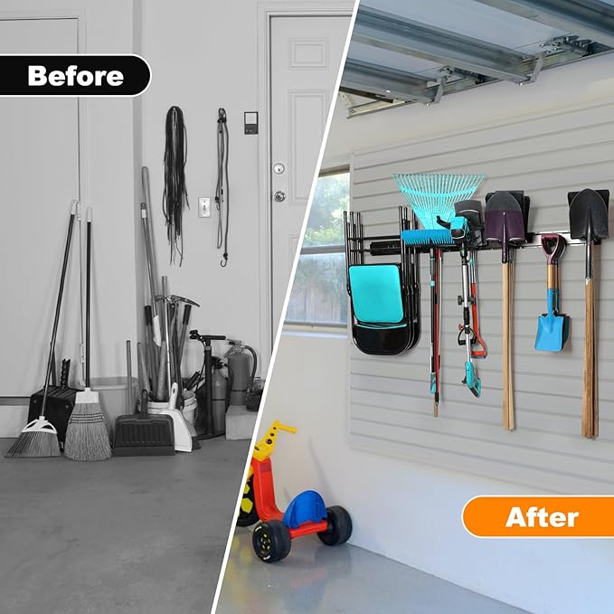 Garden Tool Organizer - Garage Storage Organization Wall Mount 48 Inches, 440lbs Adjustable Heavy Duty Metal Hooks,Yard Shed Organizer Rack Holder System Hanging Rake Broom Mop with 6 Adjustable Hooks