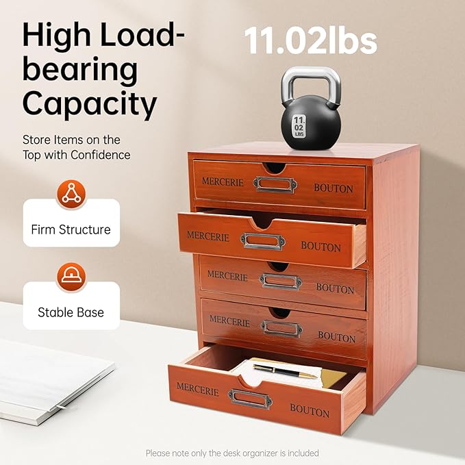 5-layer Wooden Jewelry Box for Women, Retro Desktop Storage Box with Drawers,Desk Organizer Storage Cabinet Wood Jewelry Organizer Vintage Storage Box Wooden Table Top Desk Drawer