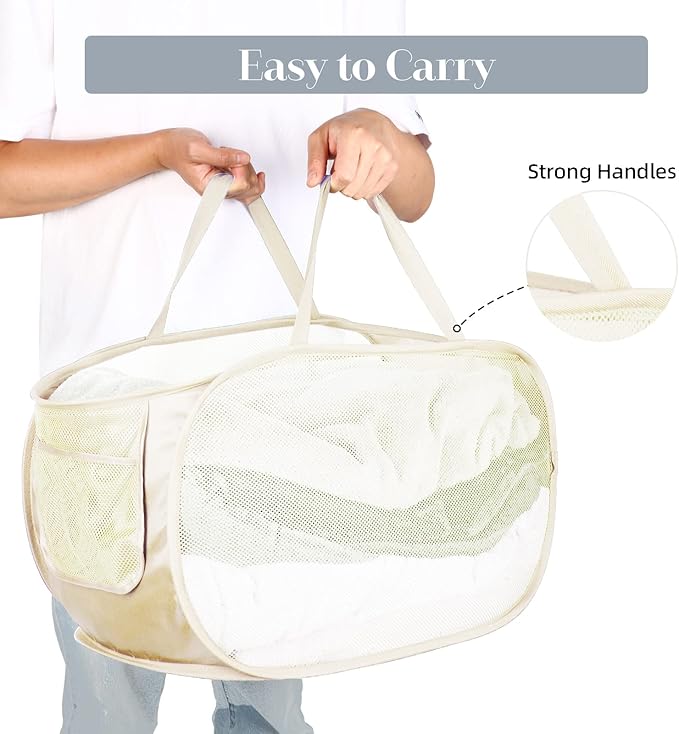 Durable Collapsible Laundry Baskets, Mesh Pop Up Laundry Hamper with Side Pocket, Foldable Clothes Storage Hamper with Reinforced Carry Handles for Laundry, Bathroom, Kids Room, Dorm or Travel Beige