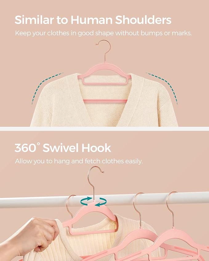 SONGMICS Pack of 50 Coat Hangers, Space-Saving Plastic Clothes Hangers, Non-Slip, 0.2 Inches Slim, 16.5 Inches Wide, 360° Swivel Rose Gold Hook, Light Pink UCRP20PK05