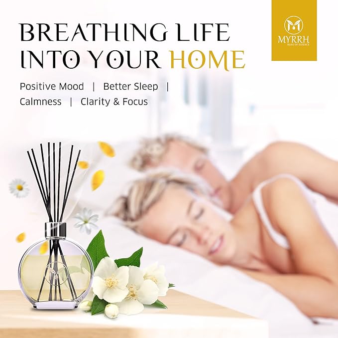 Arabian Jasmine Scented Reed Diffuser Set with 8 Rattan Diffuser Sticks, 150 ml, All Natural Air Freshener, Long-Lasting Diffusers at Home - MyrrhUSA