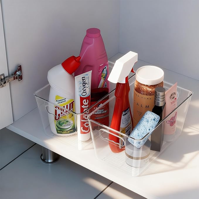 KJIXYUNG Clear Pantry Organizer Bins, Plastic Organizers & Storage Containers, Cabinet Organizer, Home Organization Must Haves for Kitchen, Laundry Room, Office, Closet & Freezer (4 Pack)