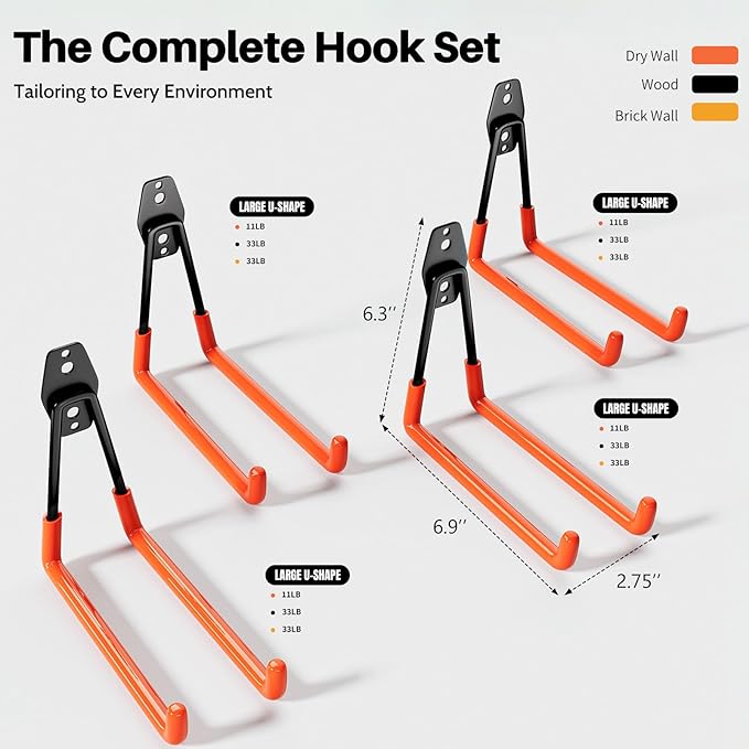 Garage Hooks Heavy Duty 6 Pack Utility Wall Mount Storage Hangers with Extension Cord Holder Organizer for Power Tool Garden Tool Ladder Hose and More