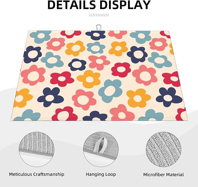 Colorful Daisy Flowers Dish Drying Mat,Boho Groovy Drying Rack Pad Countertop Dishes Ultra Absorbent Reversible Microfiber Kitchen Counter Mat for Coffee Countertop Decor 18x24 Inch
