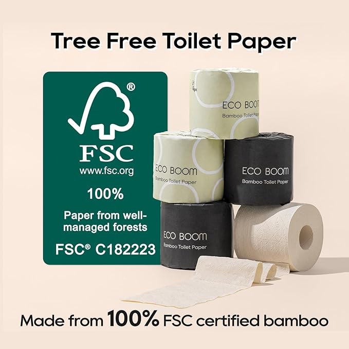 ECO BOOM Unbleached Bamboo Toilet Paper, 100% Tree-Free & Plastic-Free, 3-Ply Strong, FSC Certified, Unscented, 9 Rolls, 360 Sheets | PFAS Free, BPA Free & Septic Safe