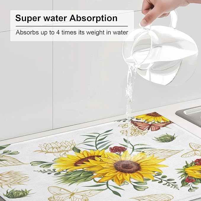 Sunflowers Dish Drying Mat Microfiber Kitchen Drying Mat Large Butterfly Dish Drying Mats for Kitchen Counter Absorbent Quick Drying Pad 18x24 Inch