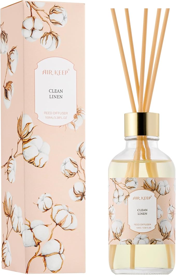 Airkeep Reed Diffuser Oil Set with Reed Sticks, Clean Linen Aromatherapy Oil Scent Diffuser for Home Office Bathroom Decoration Perfume and Gifts 3.38 oz/100ml