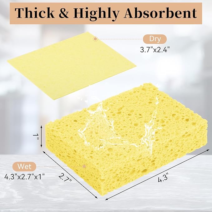 Mkobon 6 Pcs Kitchen Sponges for Dishes Cleaning, Non Scratch for Non Stick Cookware, Compressed Natural Cellulose Sponges, Dish Washing Scrubbers, Scrubbing Pads for Household, Bathroom (Yellow)