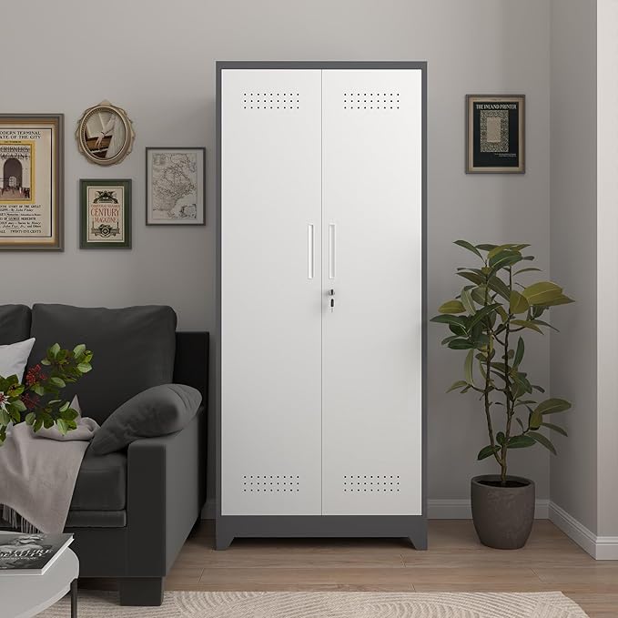 72.8" H Metal Garage Storage Cabinets with Doors and Shelves, Broom Closet Storage Cabinet, Tool Cabinets with Hanging Rod, Cleaning Storage Cabinets for Garage,Bedroom Office Grey&White