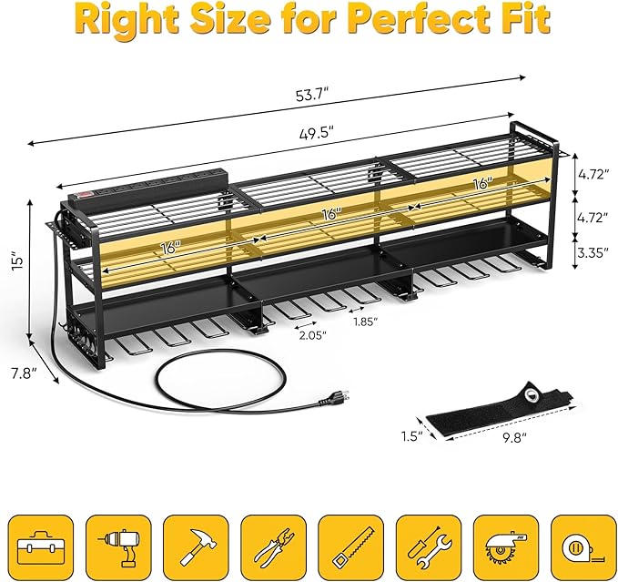 POKIPO 49.5" W Large Power Tool Organizer Wall Mount with Charging Station, 4 Tier Heavy Duty 12 Cordless Drills Holder Load 800 lb, Tool Battery Storage Rack Built in 8 Outlet Power Strip for Garage