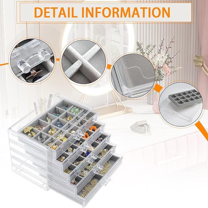 Acrylic Jewelry Box with 5 Drawers, Clear Earring Storage Organizer Display Case for Women Girls, Gray