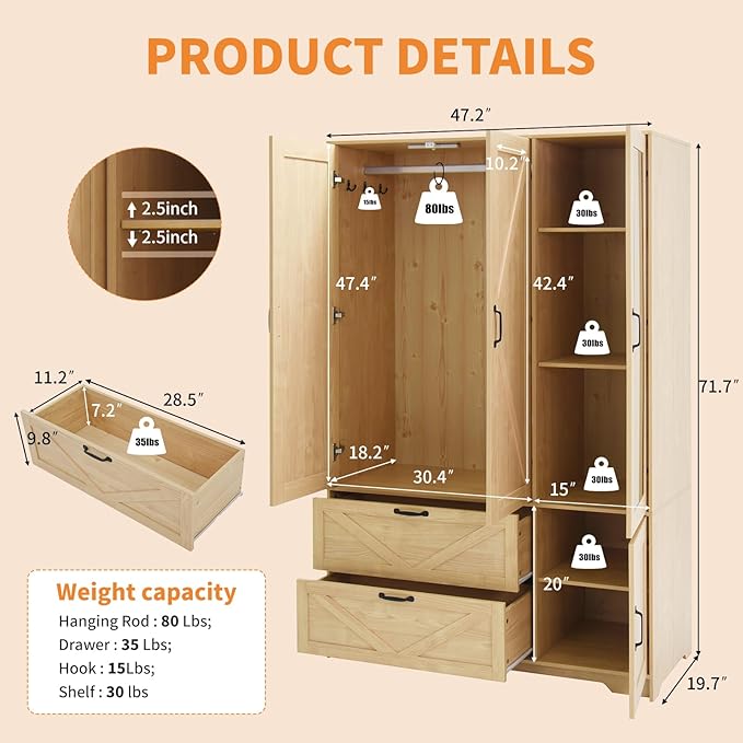 Armoire Wardrobe Closet with Mirror and 2 Drawers, 72''H Bedroom Armoire Wardrobe Cabinet with Hanging Rod and Light,Wooden Bedroom Closet with Adjustable Shelf