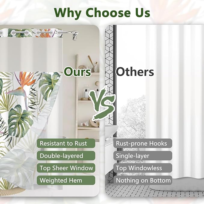 TQUQOBU Tropical Leaves Shower Curtains for Bathroom, Waterproof Double Layers Fabric No Hook Shower Curtain with Liner, Green Palm Monstera Leaf Botanical Jungle Decor Bath Curtains, 71x74 Inch