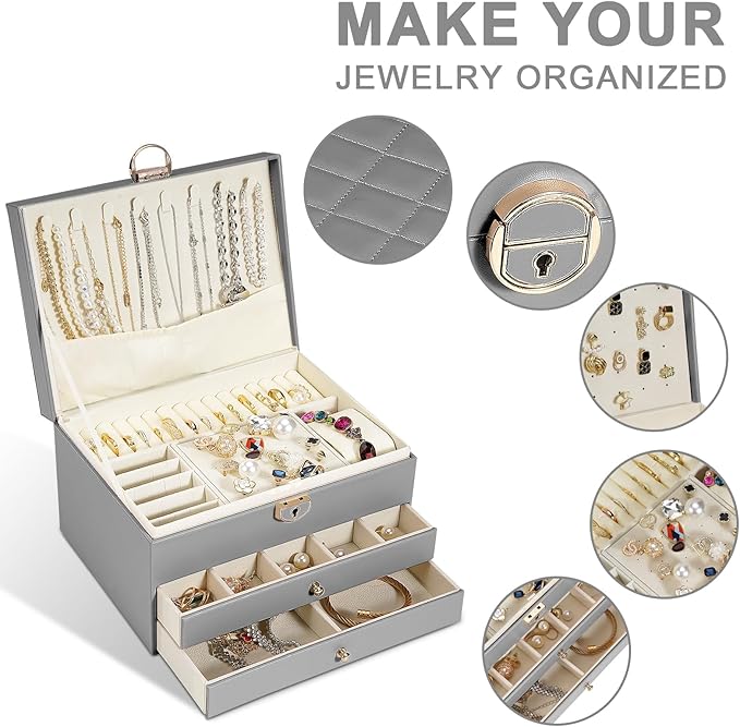 GUOER Jewelry Box for Women Girl Wife 3 Layers Large PU Leather Jewelry Organizer Storage Case with Two drawers Display for Earrings Bracelets Rings Watches (Grey)
