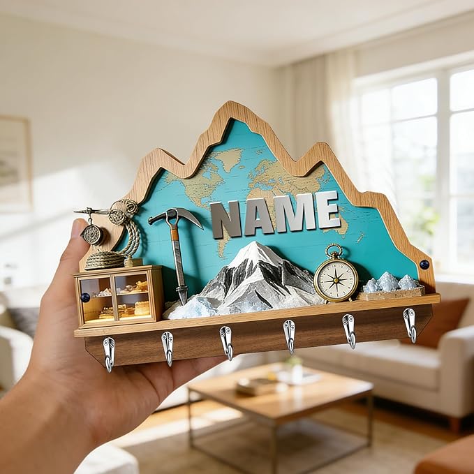 Personalized 2D Flat Print World Travel Themed Mounted Hooks for Men Women Family Friends Lovers Custom Name World Map Key Storage Holder Travel Coat Rack Home Decor Gift for Living Room Hallway