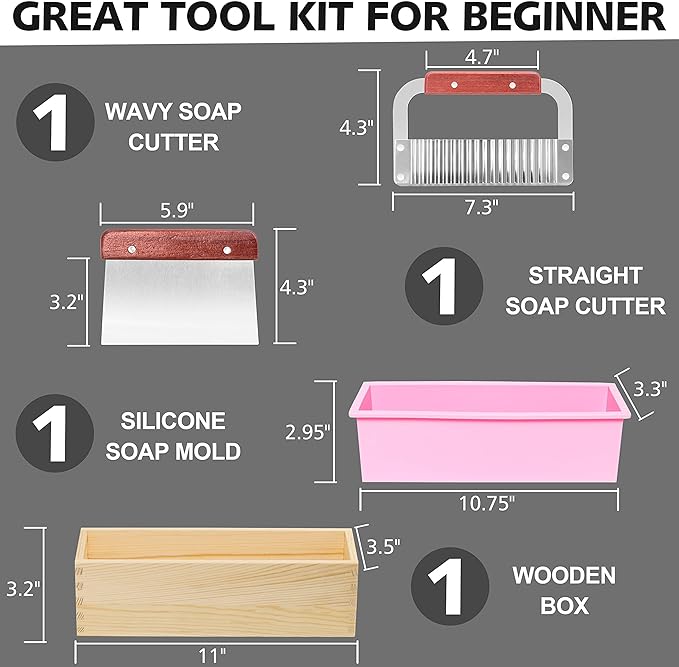 LERYKIN Rectangular Soap Mold Kit with Cutter- 42oz Flexible Silicone Loaf Soap Mold with Wood Box, Stainless Steel Wavy & Straight Scraper for Homemade Craft Soap Making Supplies