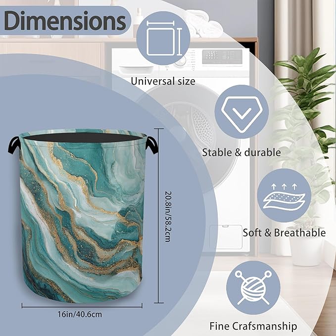 Blue Green Gold Marble Laundry Basket,Foldable with Handles Tote Bag Oxford Cloth for Bathroom Bedroom Dirty Clothes Storage Bucket 16" x 20.8"
