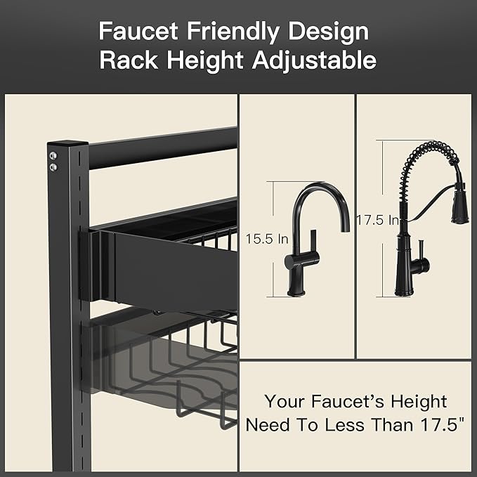 3 Tier Extra Large Stainless Steel Expandable Over The Sink Dish Drainer Drying Rack, Rust Proof Metal, Space Saving, Modern Black Big Capacity Extendable Plate Strainers Above Kitchen Counter