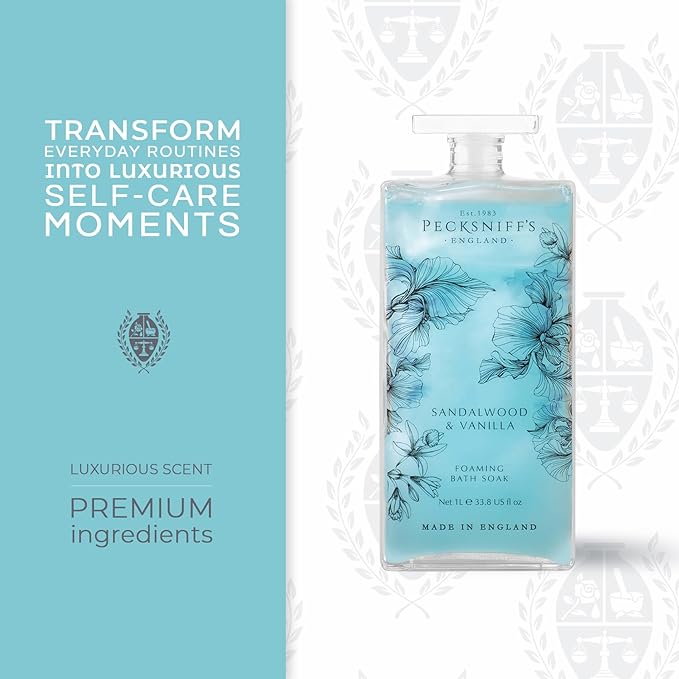 Pecksniff’s Sandalwood & Vanilla Foaming Bath Soak – Luxury Bubble Bath, 1L / 33.8 fl oz, Made in England