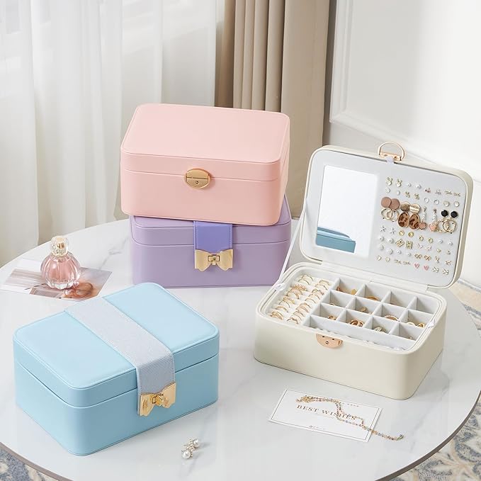 Lolalet 2 Layer Jewelry Box with Lock and Key for Teen Girls & Young Women, Jewelry Organizer Case with Round Clasp and Mirror for Earrings Rings Necklaces Storage, Gift Idea -Lightpink