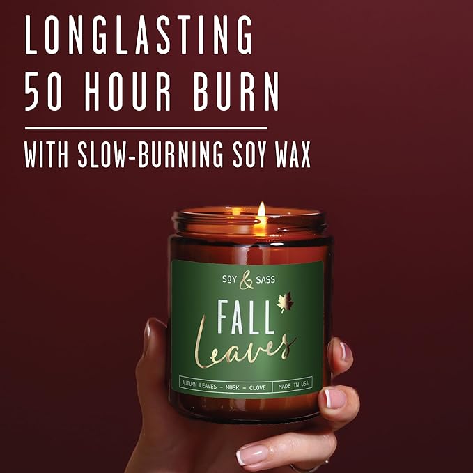 Fall Candles - 'Fall Leaves' Fall Candle w/Autumn Leaves, Clove & Musk I Infused with Essential Oils I Autumn Fall Scented Candles I Cozy Cute Fall Décor Fall Gifts I 9oz Jar I 50Hr Burn I Made in USA