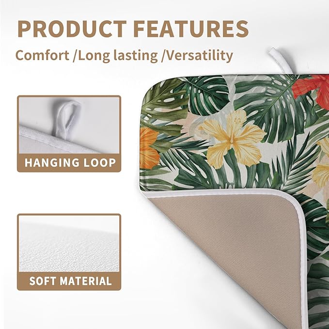 Wnoesat Tropical Leaves Flower Drying Mat for Kitchen Counter Summer Palm Leaf Drying Dish Mat Watercolor Herbs Dishes Pad Absorbent Fast Dry Kitchen Accessories 16x18 Inch