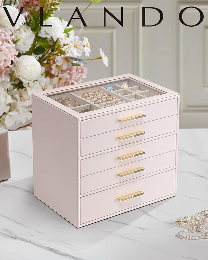 Vlando Jewelry Box for Women Girls,Jewelry Organzier,5 Drawers,Glass Lid Jewelry Organizer Storage for Gem Diamond Necklaces Rings Earrings Bracelets Apricot White