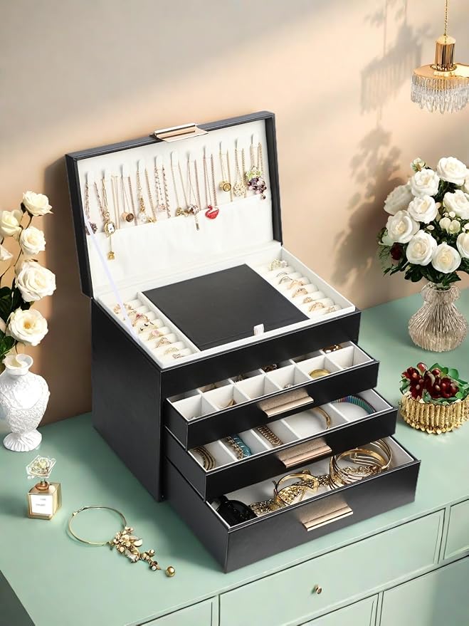 BOOVO Jewelry Boxes for Women, 5 Layer Jewelry Organizer with Necklace Hanger and Drawers, Large Jewelry Box for Earrings, Necklace and Bracelet Storage Gifts for Women and Girls (Black, 5 Layer)