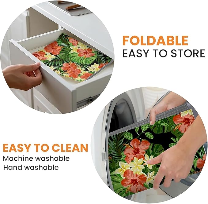 Dish Drying Mat For Kitchen Counter, Tropical Flower On Black Microfiber Absorbent Dish Drainer Rack Pad Reusable Large 18x24in Drying Mat