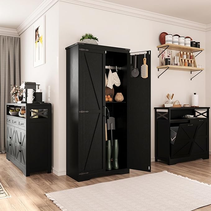 Set of 2 Black Farmhouse Storage Cabinet with Adjustable Shelves, Large Pantry Organize with 2 Barn Doors, Tall Freestanding Cabinet for Kitchen, Bathroom, Garage, Basement, Living, Utility Room