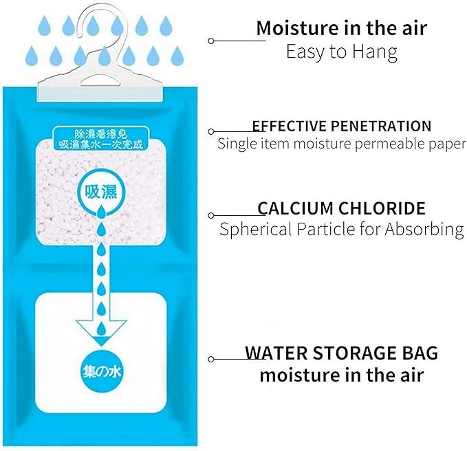 Bagus Hanging Moisture Absorber Bags (8 Pack) - Fragrance-Free Dehumidifier for Closet, Bathroom, RV, Boat & Storage Spaces, Compact Design with 12.5 Oz High-Capacity Absorption