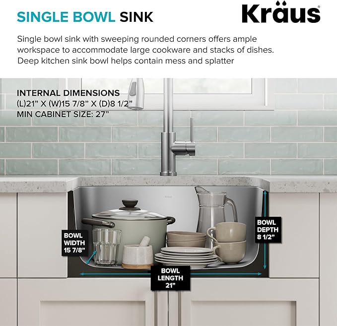 Kraus 23 Inch Stainless Steel Kitchen Sink, Durable 18 Gauge Single Bowl Kitchen Sinks Undermount, KBU12