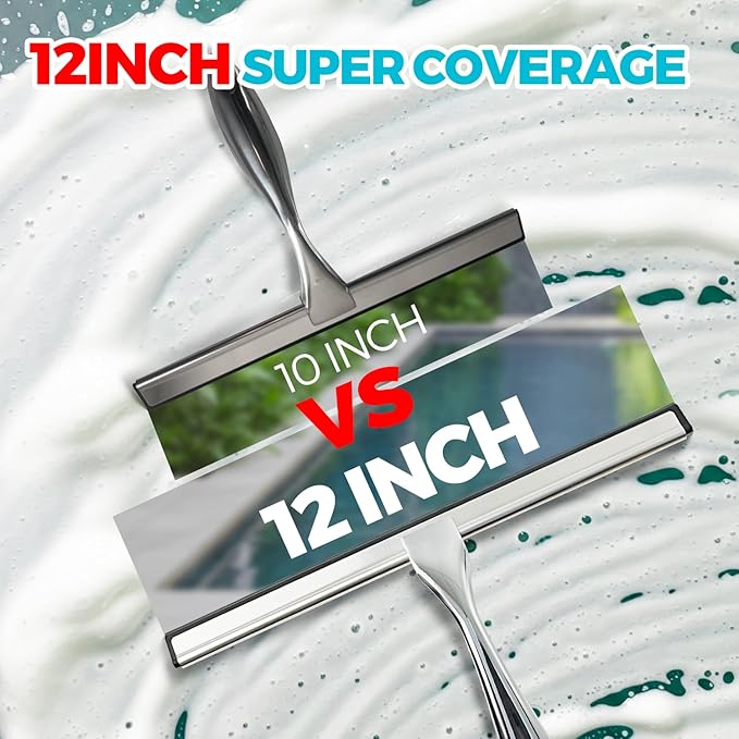 ALFLOD 12-Inch All-Purpose Shower Squeegee for Shower Doors, Tile Shower Walls, Bathroom, Window, Glass and Car Windshield, Mirrors and Kitchen-Stainless Steel, Silver