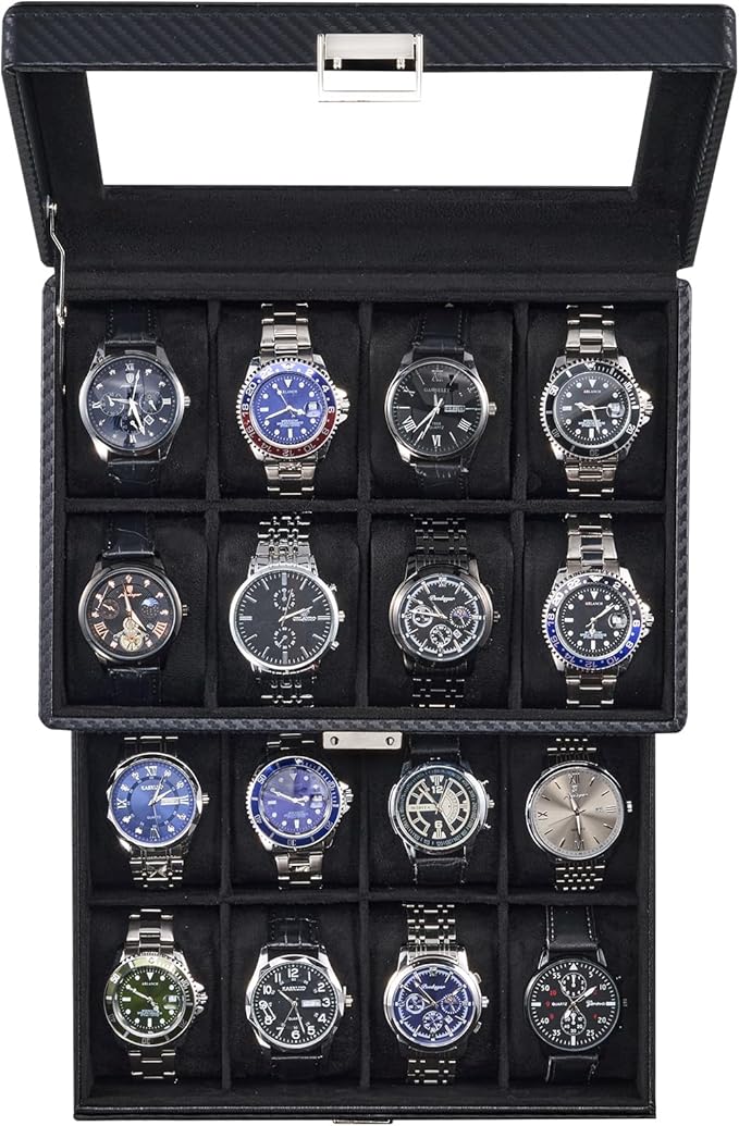 ProCase Watch Box for Men, Jewelry Organizer Box with Drawer, Display Storage Case with Glass Lid -AllBlack, 16 Slot