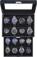 ProCase Watch Box for Men, Jewelry Organizer Box with Drawer, Display Storage Case with Glass Lid -AllBlack, 16 Slot