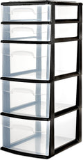 HOMZ Drawer Tower, 5-Tier Clear Plastic Storage Organizer Unit, Black Frame - Multi-Purpose Container Drawers for Bedroom, Bathroom, and Office Organization