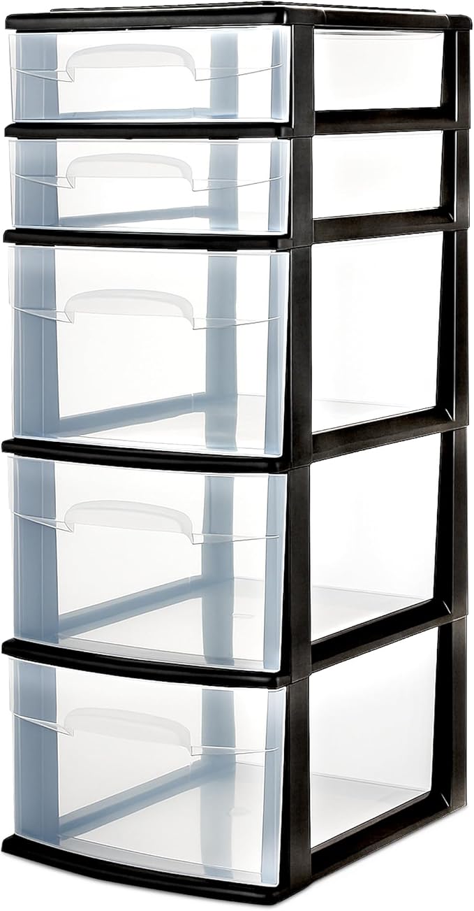 HOMZ Drawer Tower, 5-Tier Clear Plastic Storage Organizer Unit, Black Frame - Multi-Purpose Container Drawers for Bedroom, Bathroom, and Office Organization