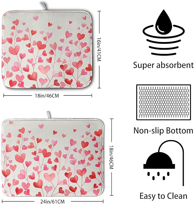Kwlegh Valentines Pink Love Heart Dish Drying Mat Valentine Day Absorbent Microfiber Dish Drying Pad Heat Resistant Kitchen Counter Draining Mat Extra Large Dish Drainer Rack Mats 16x18 Inch