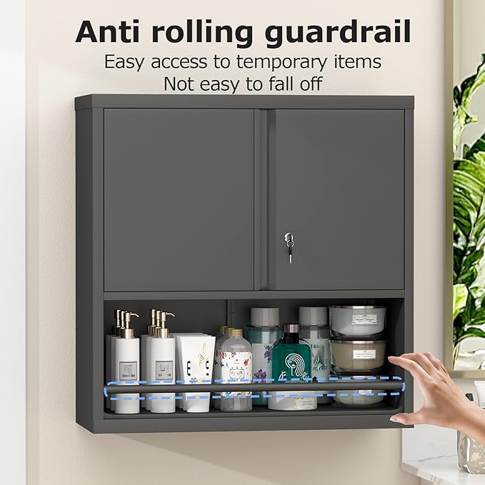 Garage Storge Cabinet, Metal Wall Storage Cabinet with Lock, Wall Mounted Heavy Duty Steel Tool Cabinet with Door and Shelf, Hanging Cabinet for Garage Warehouse Bathroom Kitchen