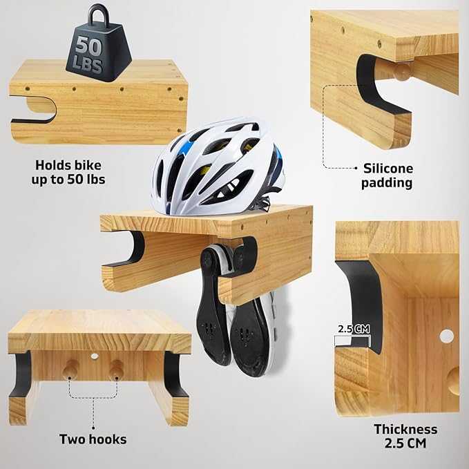 Wooden Bike Wall Mount Rack with Shelf and Hooks for Home, Space-Saving Indoor Horizontal Bike Storage Rack for Garage, Wood Wall Mounted Bike Hangers for Single Road, Mountain Bicycle