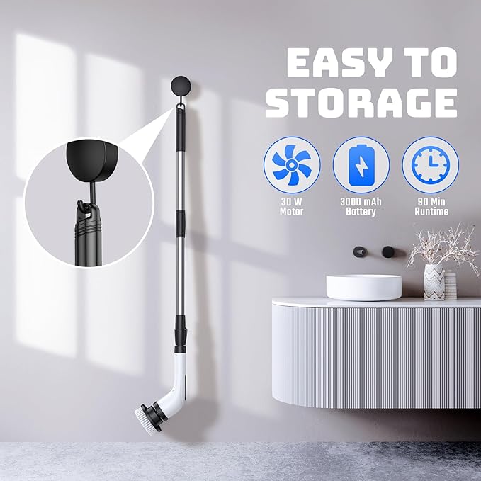 VigorDay Electric Spin Scrubber - Cordless Bathroom Scrubber with 7 Brush Heads - Dual Speed IPX7 Waterproof Power Scrubber for Heavy-Duty Bathtub, Glass, Tile, and Car Cleaning (White)