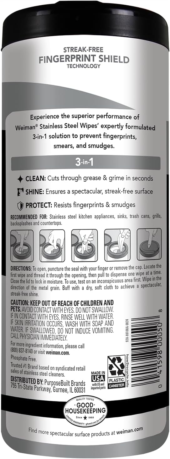 Weiman Stainless Steel Cleaner and Polish Wipes Bundle with Microfiber Cloth-Removes Fingerprints, Water Marks and Grease from Appliances - Works Great on Refrigerators, Ovens, and Grills